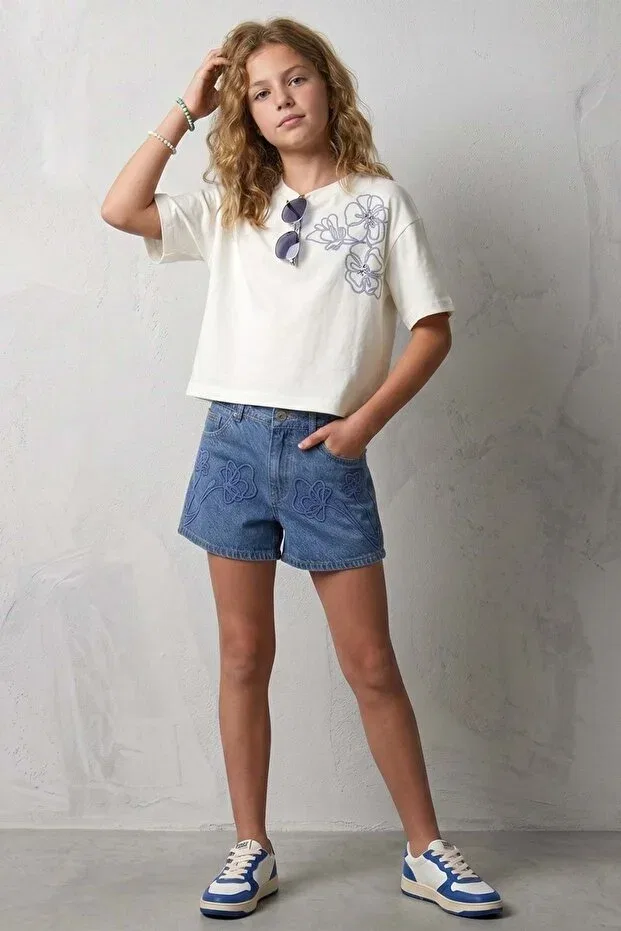 Детские шорты для девочек с вышивкой джинсовые Pd Kids, Navy Blue — фото 3