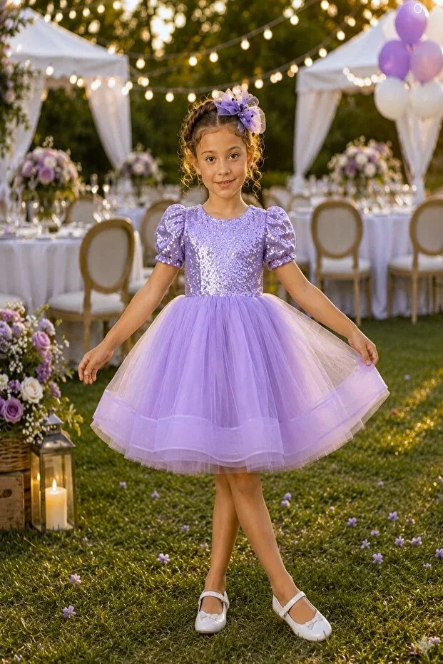 Детское платье для девочек с пайетками Ballerina model sequin embroidered fluffy tulle girls' evening dress-party-birthday-ball-gown-show dress Dekubaby, Lilac — фото 4
