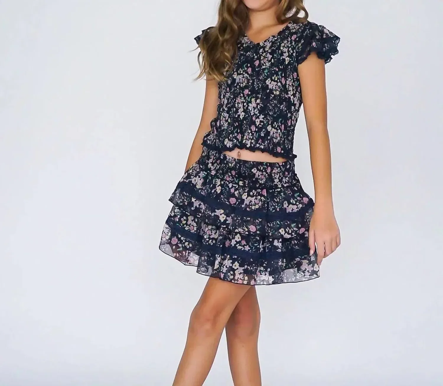 Детская юбка из шифона с кружевными воланами Chiffon Lace Skirt flowers by zoe, темно-синий — фото 2
