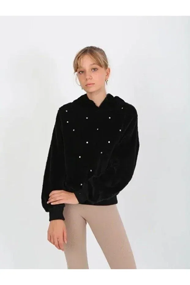 Детское худи для девочек с капюшоном из плюша Marions, Black — фото 2