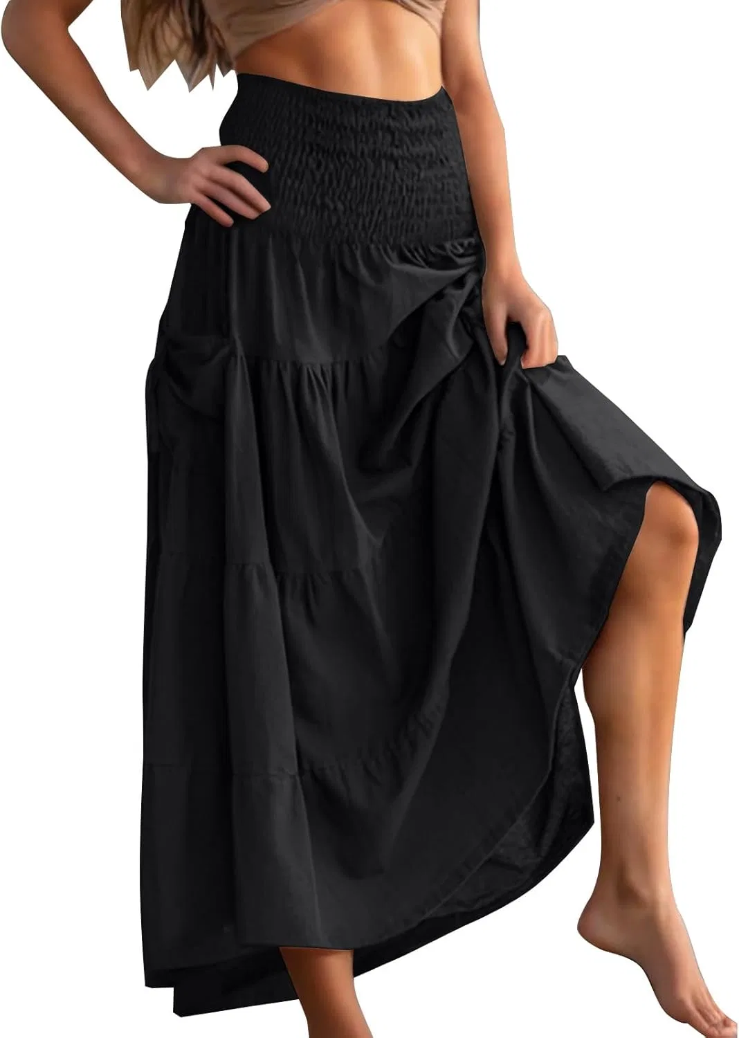 Женское длинное макси-платье A-силуэта с воланами Boho, Black-1