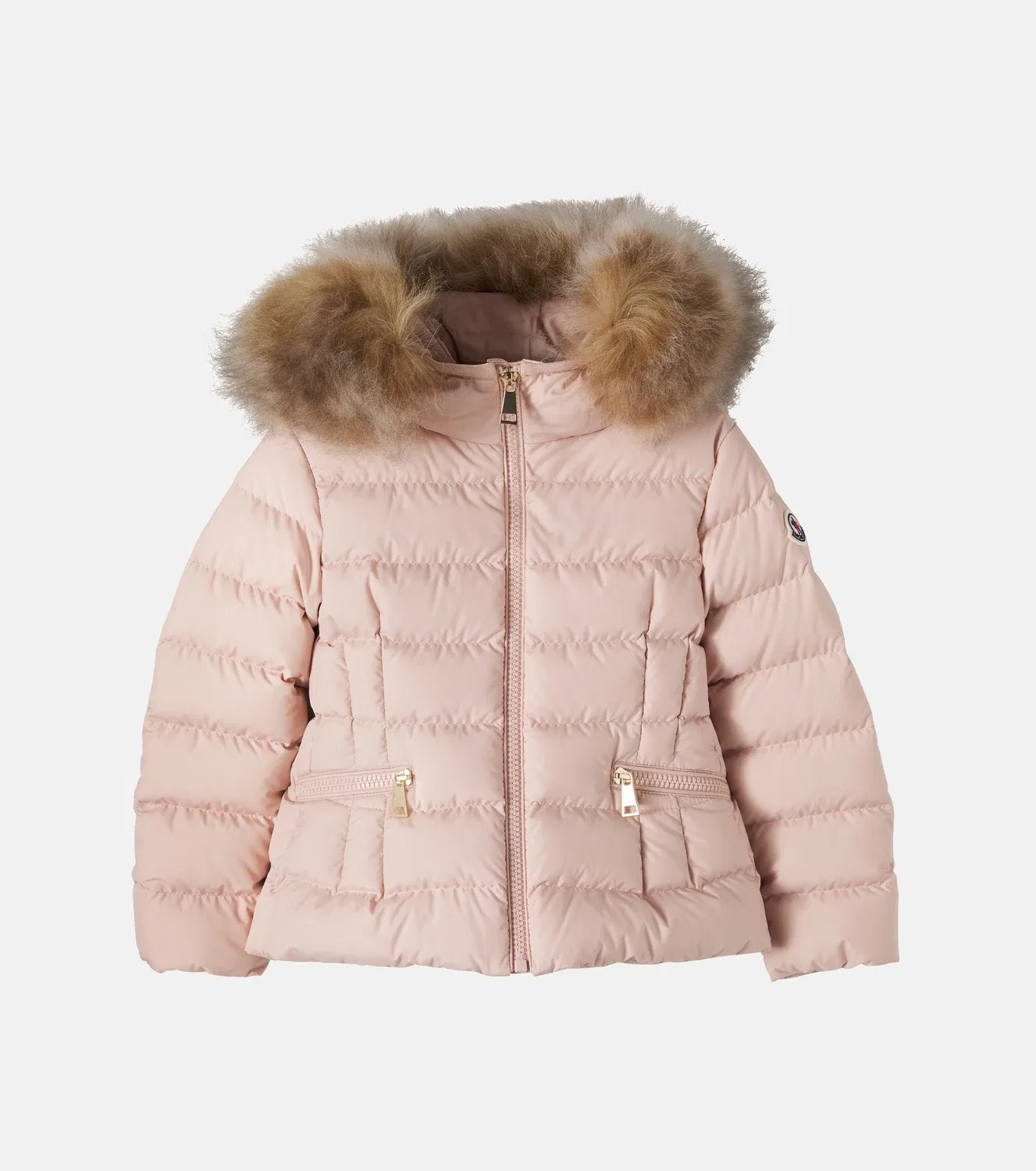 Пуховик с капюшоном, отделанный овчиной, Moncler Enfant, бежевый