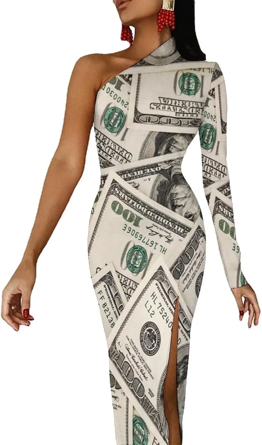 Женское одно плечо платье с разрезом Money American Hundred Dollar Bills, Style