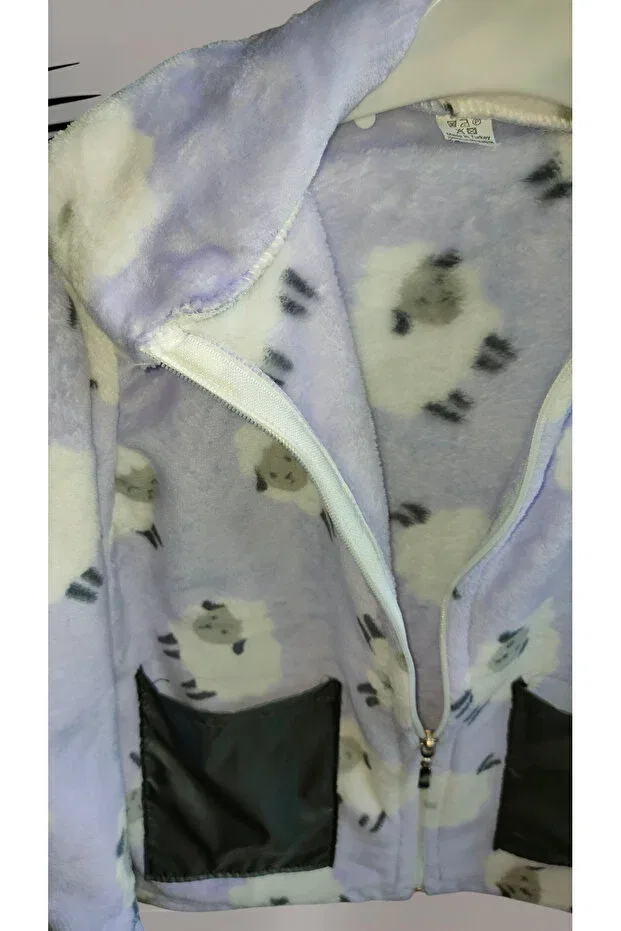 Детская куртка для девочек с принтом Sheep Pattern Fleece Jacket Zeykid, Purple-Lila — фото 3