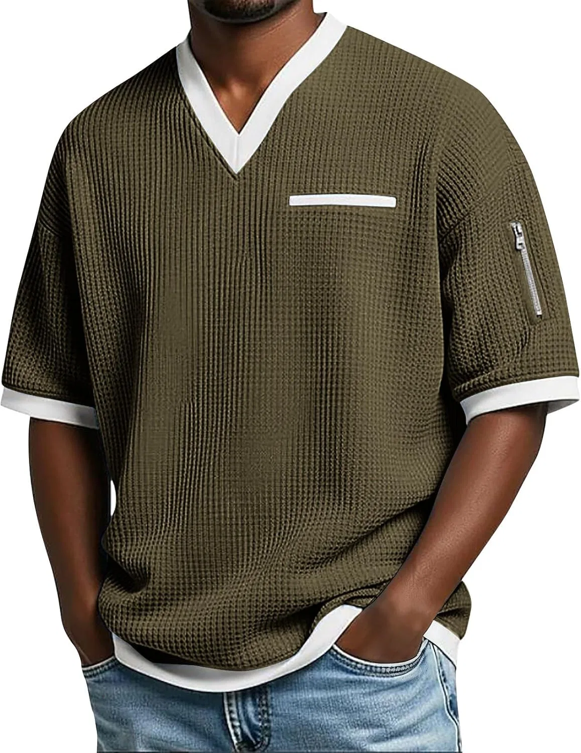 Мужская футболка с воротником-стойкой Waffle Henley, Army Green