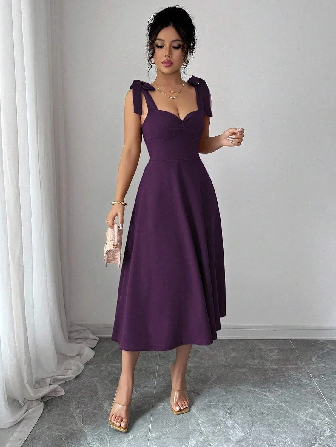 Женское элегантное платье миди с высокой талией, Purple — фото 4