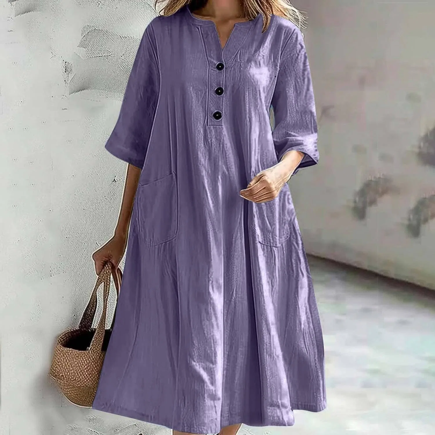 Женское летнее льняное платье макси с пуговицами, Purple — фото 2