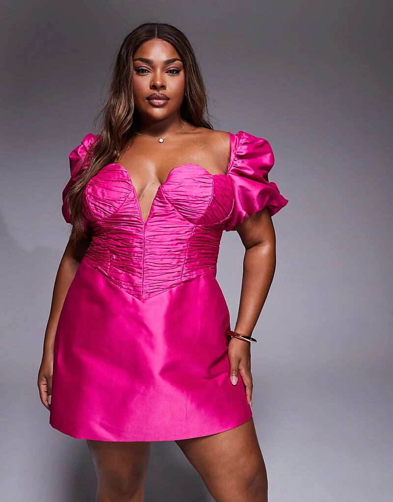 

Мини-платье ASOS LUXE Curve из структурированного атласа с вырезом сердечком и лифом с рюшами розового цвета