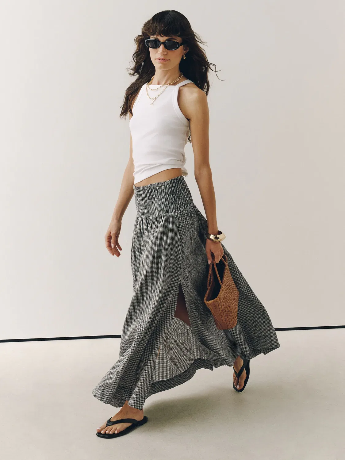 Юбка макси с заниженной талией, клетка, Drop Waist Gingham Maxi Skirt Next, черно-белая