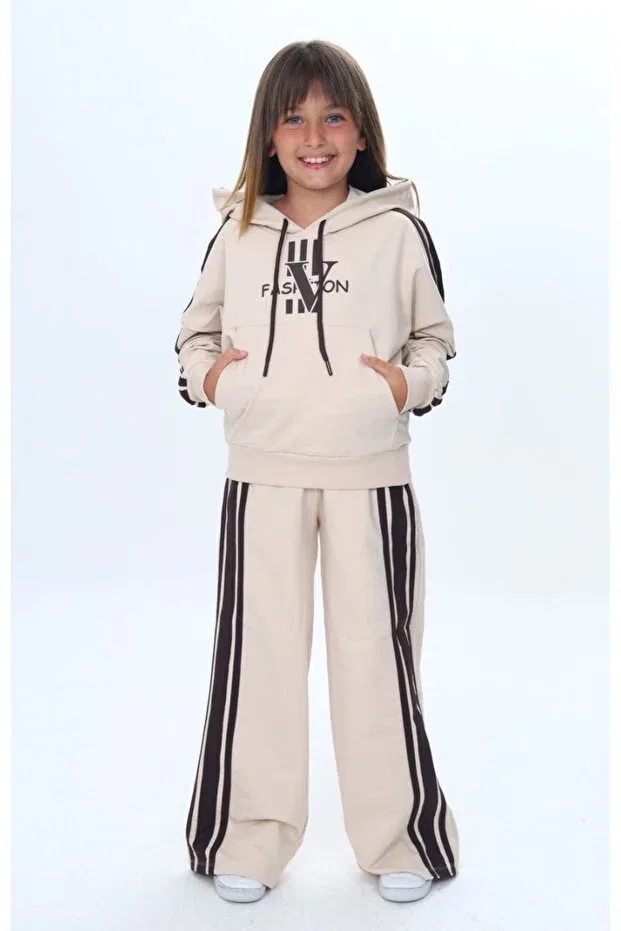 Детский спортивный комплект для мальчиков из двух предметов Oversize 2 thread girls sports bottom & top tracksuit set Joui Co, Beige — фото 3