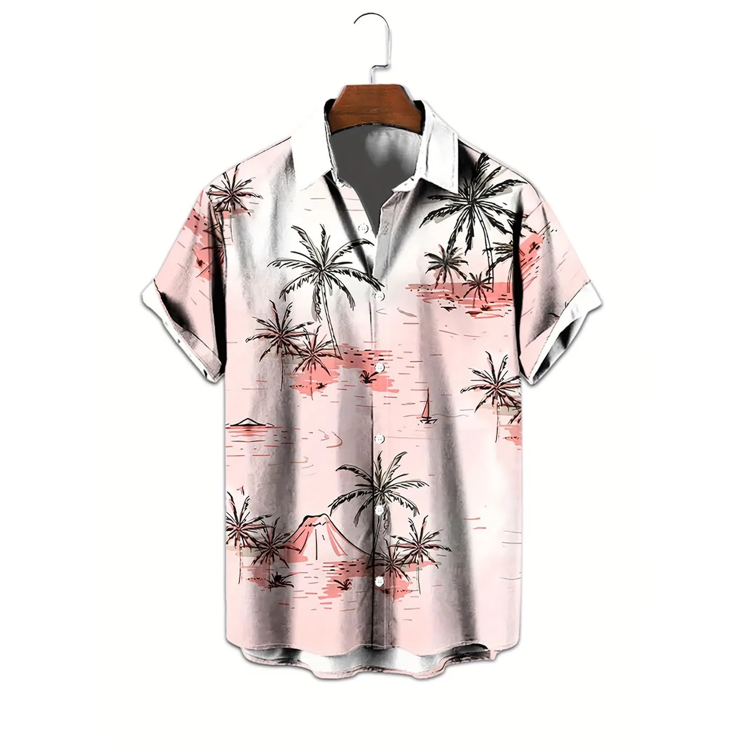 Мужская рубашка с коротким рукавом с принтом Coco Palm, Men's Pink Hawaiian Shirt — фото 3