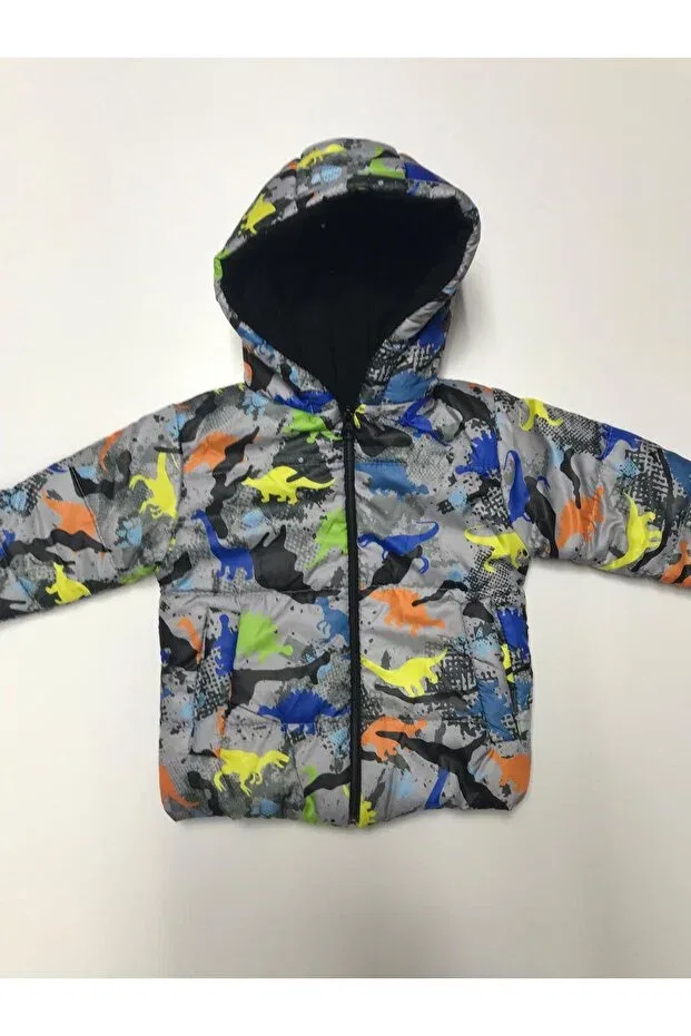 Детское пальто для девочек с капюшоном Winter zipper hooded fleece-lined inside dinosaur pattern water windproof baby boy children's coat, Baby Slon Kids Clup, Gri — фото 3