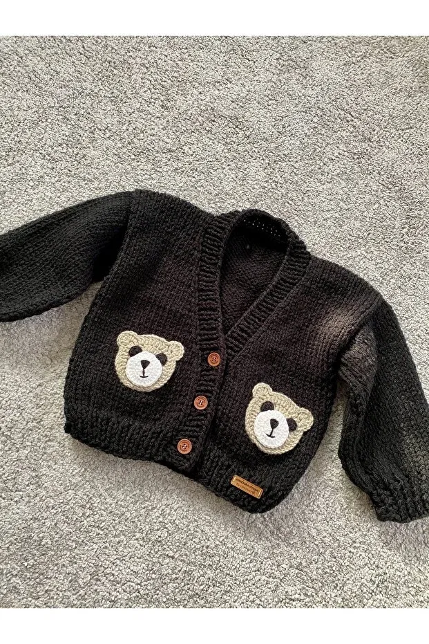 Детский кардиган для мальчиков с принтом Hand Knitted Cute Teddy Bear Detailed Nevalin, Black — фото 2