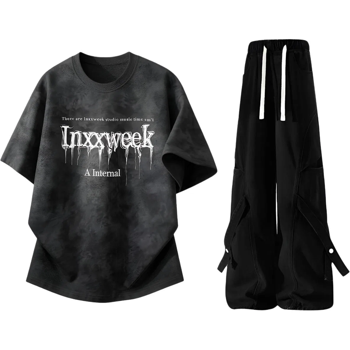 Детский спортивный комплект с коротким рукавом и джинсами, Casual Sportswear, GWAF, Black Tie-Dye/Black Workwear Jeans
