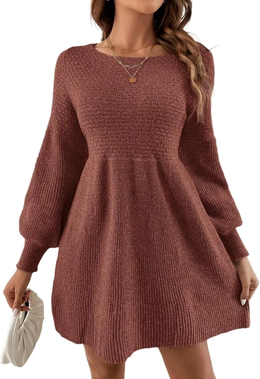 Женское платье с круглым вырезом Rib-Knit, Rust Brown