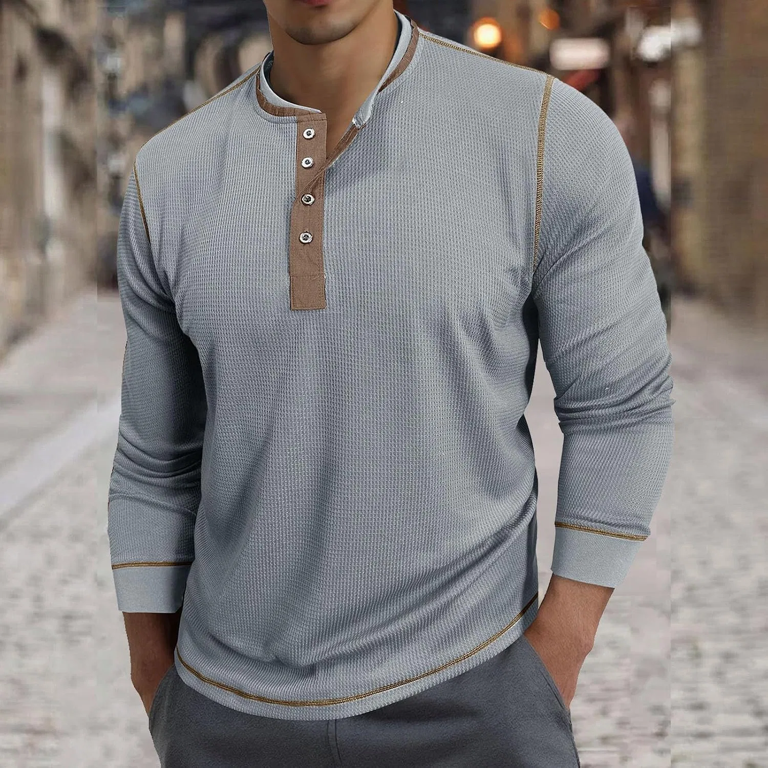 Мужская повседневная рубашка с длинным рукавом Henley Waffle, Gray — фото 2