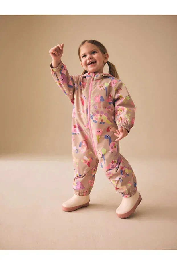 Детский комбинезон для новорожденных с принтом Dinosaur patterned fleece lined raincoat astronaut jumpsuit Next Baby, Light Mink