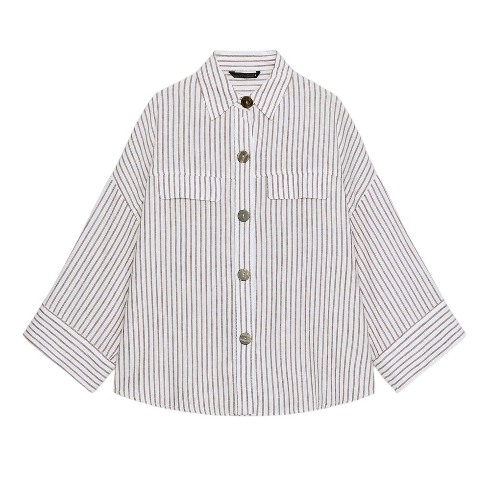 Рубашка Zara Striped Linen Blend, белый/коричневый
