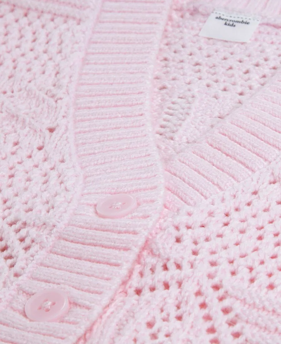 Кардиган с пуговицами и ажурным узором, модель Pointelle Tie-Front abercrombie kids, Light Pastel Pink — фото 3