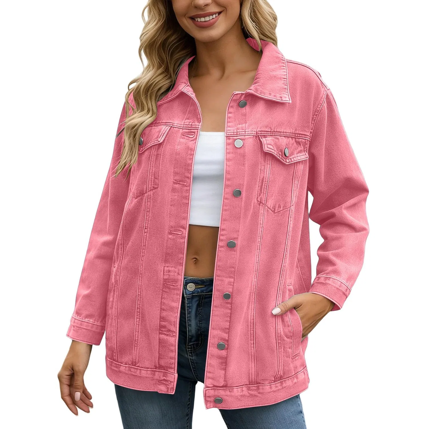 Женский джинсовый жилет без рукавов Mid Long Jean Gilet, Rosa