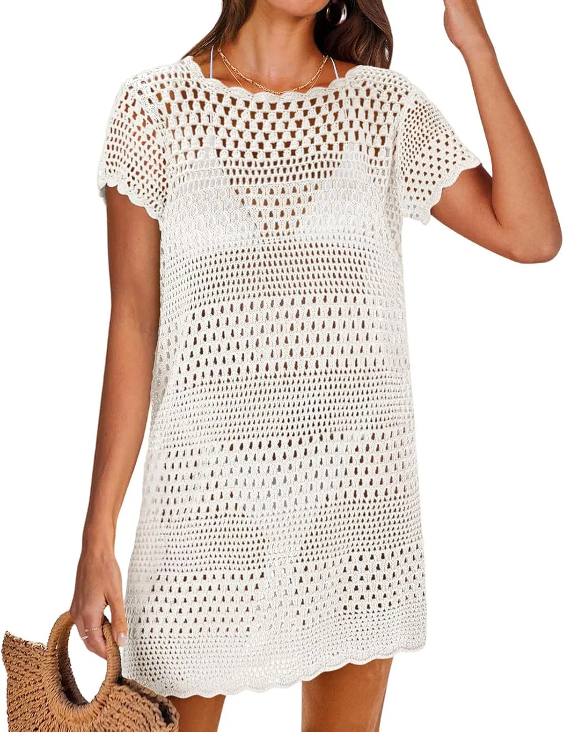 Женский пляжный костюм вязаный крючком с коротким рукавом, White