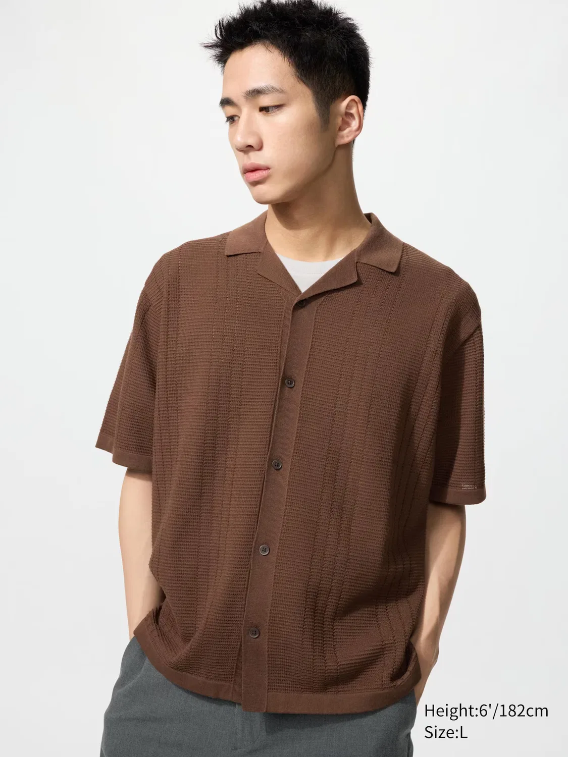 Вязаная рубашка Uniqlo, короткие рукава, коричневая, можно стирать