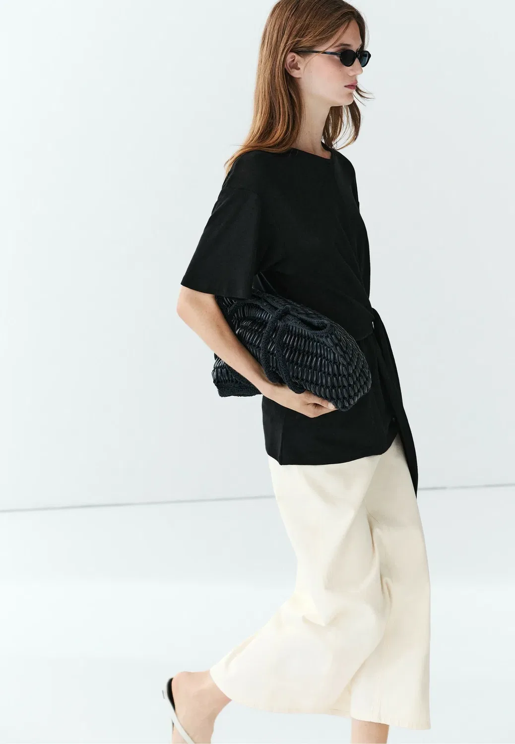 Футболка с коротким рукавом и завязкой - футболка с принтом Massimo Dutti, Black — фото 3