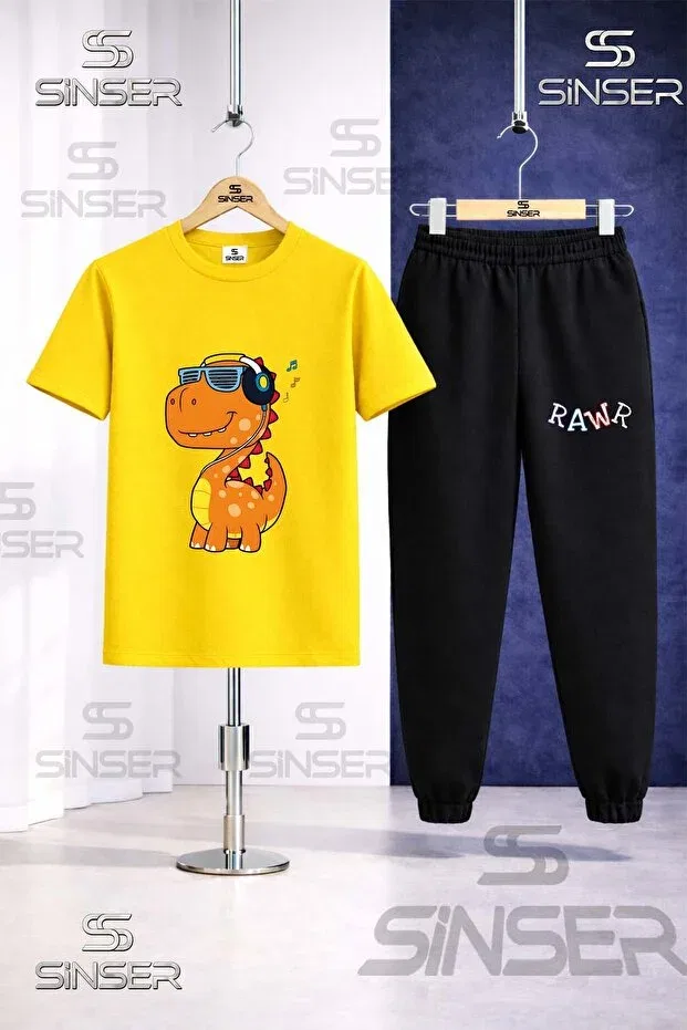 Детский комплект футболки и штанов с принтом Rawr Dino Ss Sinser, Pink - Orange - Yellow — фото 4