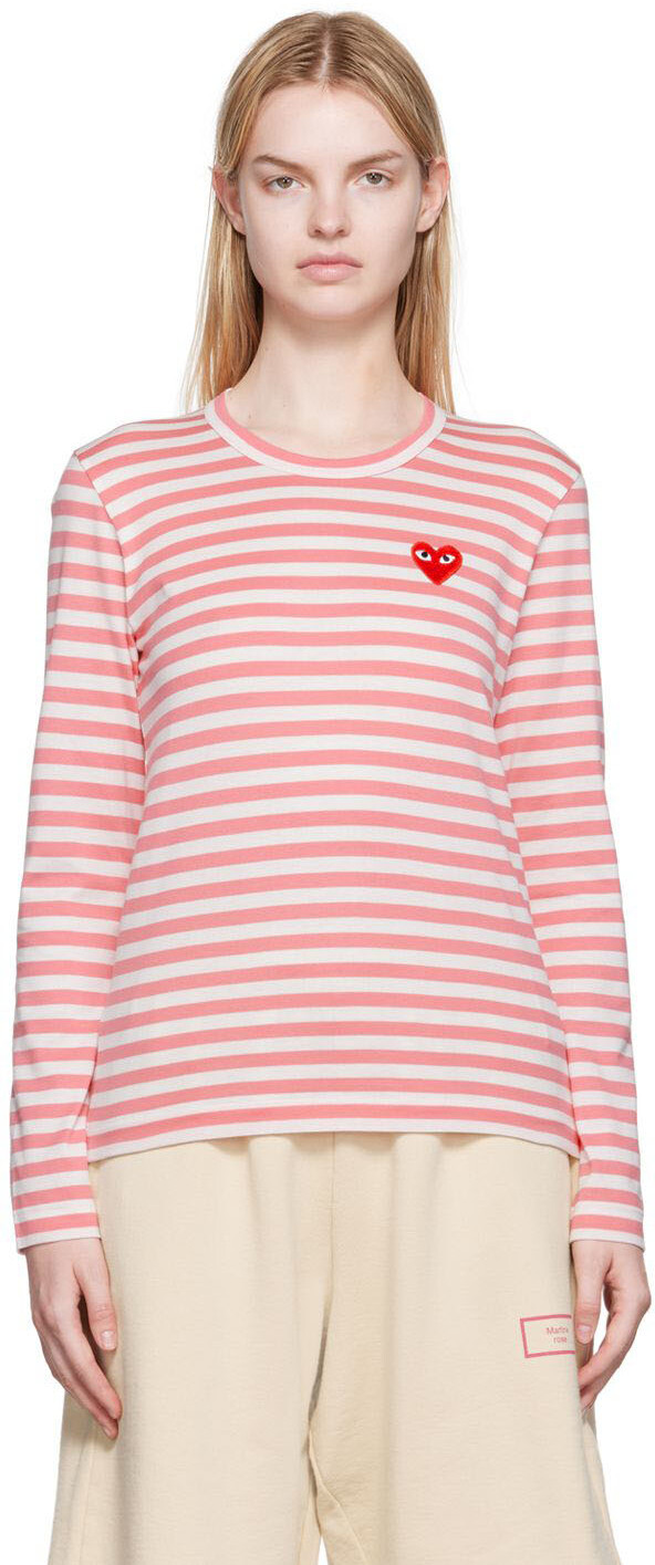 

Бело-розовая футболка с длинным рукавом с нашивкой в ​​виде сердца Comme des Garçons Play, Розовый, Бело-розовая футболка с длинным рукавом с нашивкой в ​​виде сердца Comme des Garçons Play