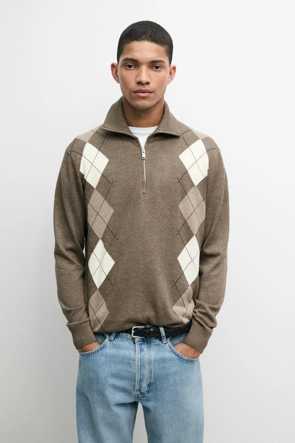Свитер Massimo Dutti Argyle Quarter-Zip Knit, хаки