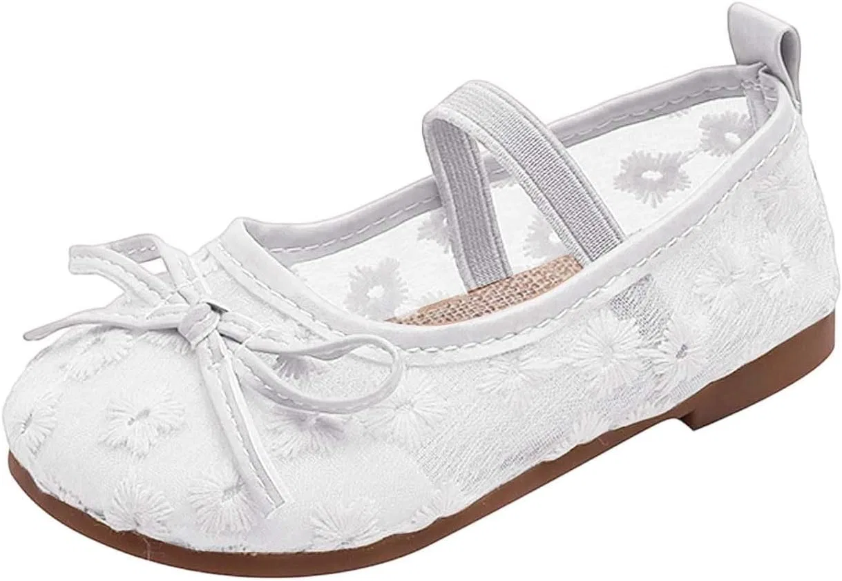 Детские балетки для девочек с вышивкой и бантом Lace Flats for Girls, White
