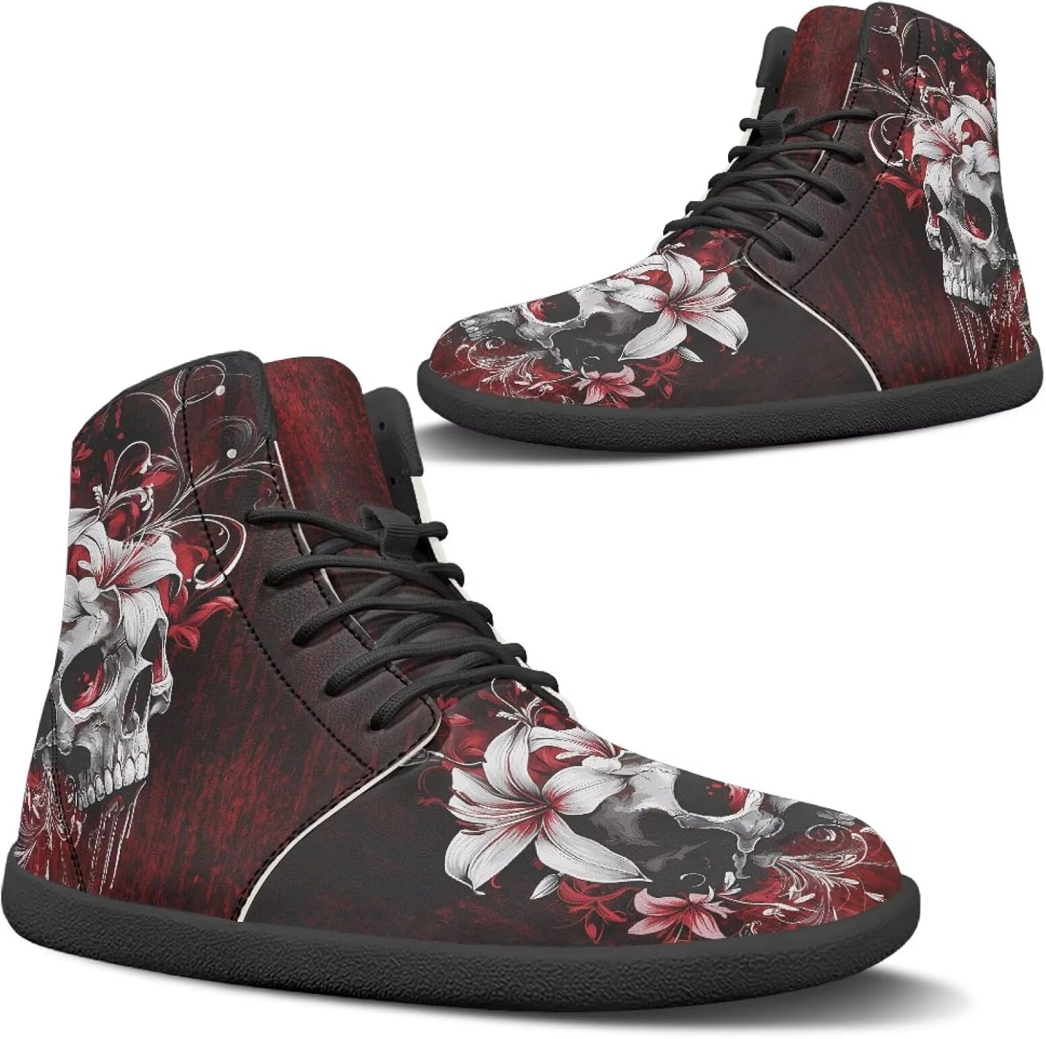 

Мужские широкие кроссовки для ходьбы, легкие, нескользящие, с нулевым перепадом высоты подошвы, высокие, повседневные, плоские, для путешествий и работы, размеры 5-14 Qoiuvncy, Goth Skull Lily Flower