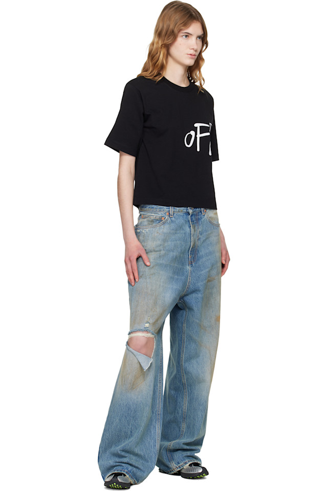 Off-White Черная футболка свободного кроя с логотипом цвета «слоновая кость» — фото 4