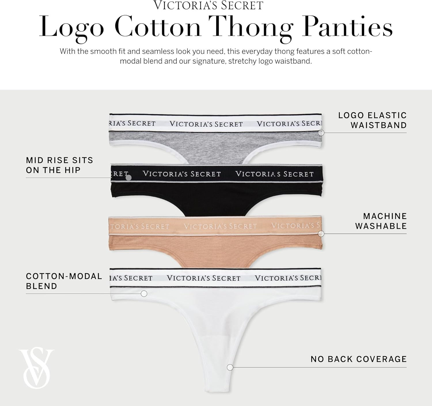 Трусики-стринги Victoria's Secret Women's Cotton Logo Thong Underwear, серый — фото 3