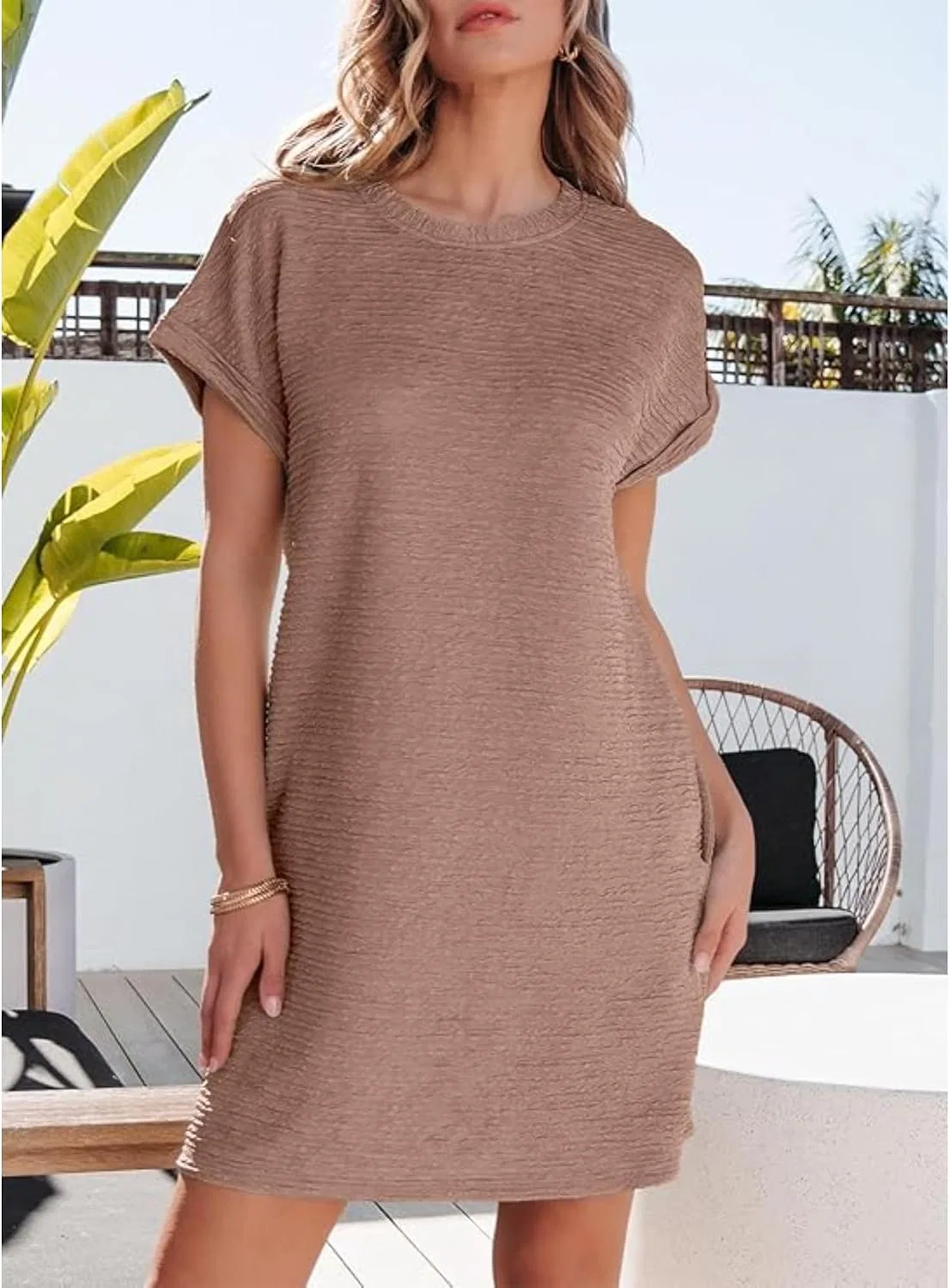 Женское летнее платье-футболка с карманами Generic, Light Brown — фото 2