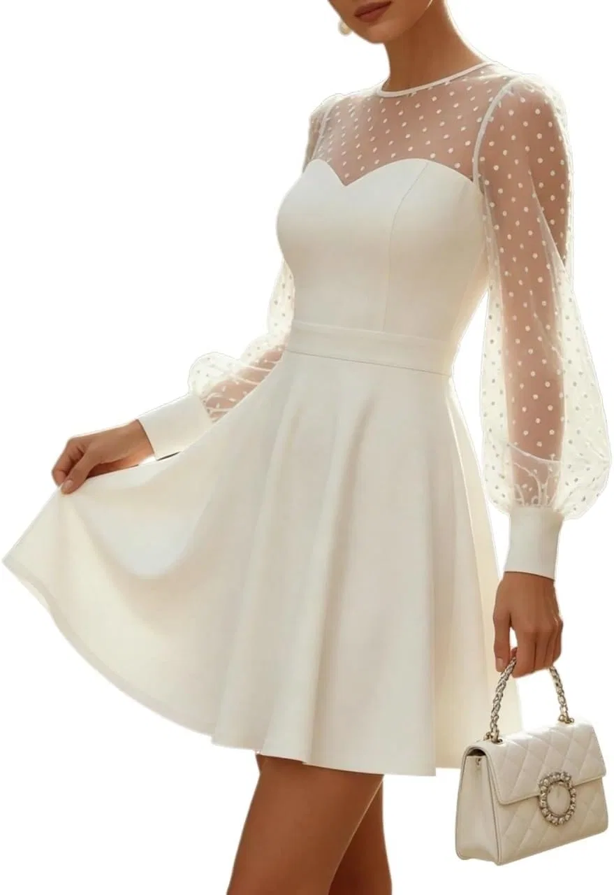 Женское летнее платье A-силуэта с рукавами-фонариками, Dot Mesh, White — фото 4