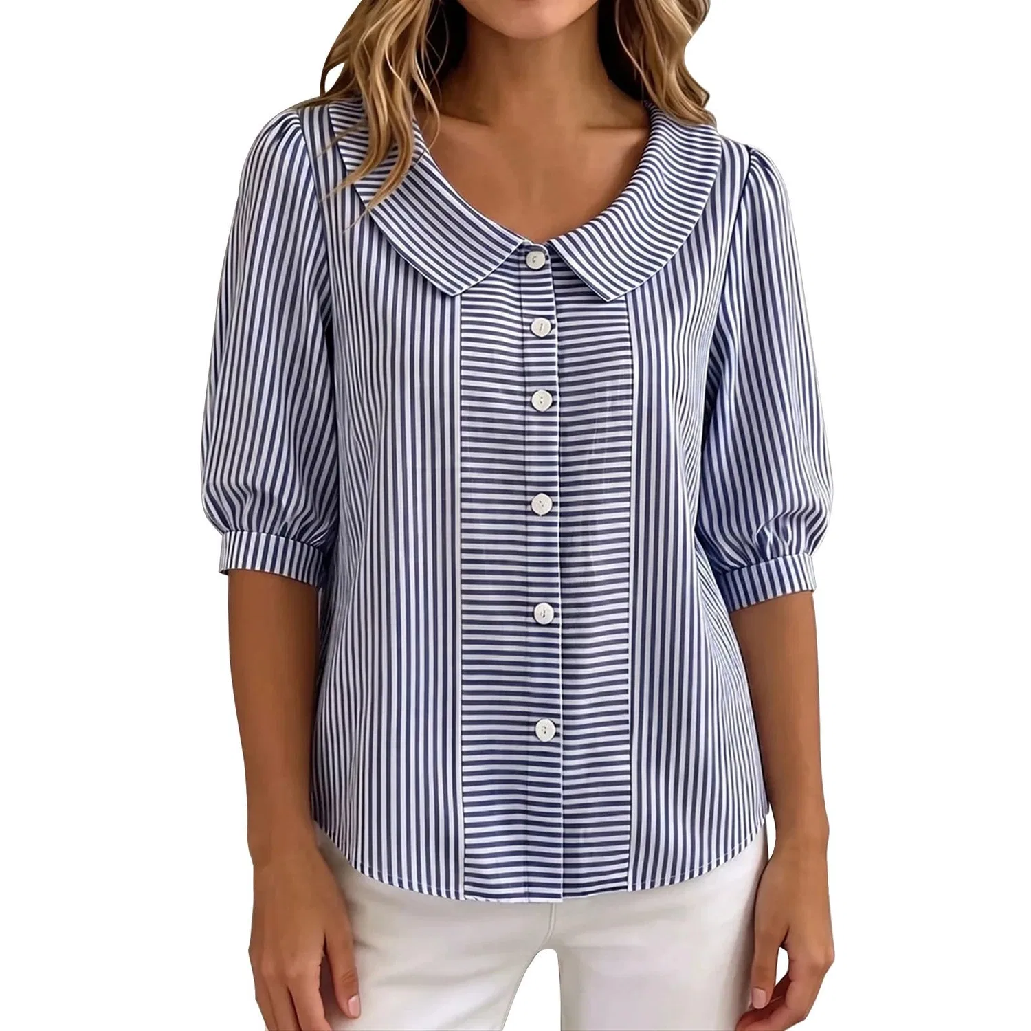 Женская блуза с коротким рукавом, Striped - Navy