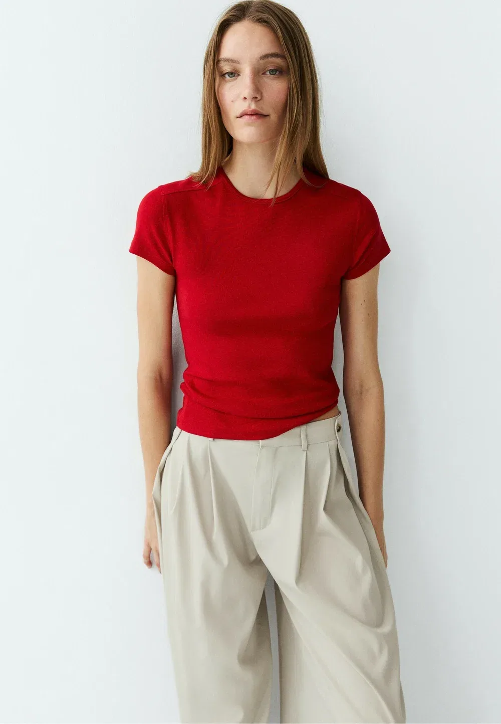 Футболка с коротким рукавом из смесовой хлопковой ткани - базовая футболка Massimo Dutti, Red