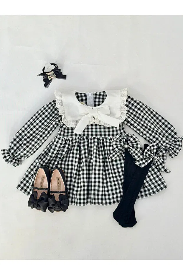 Детское платье для девочек с длинным рукавом Sherry Checkered Dress Bihayalbiçocuk, Black And White