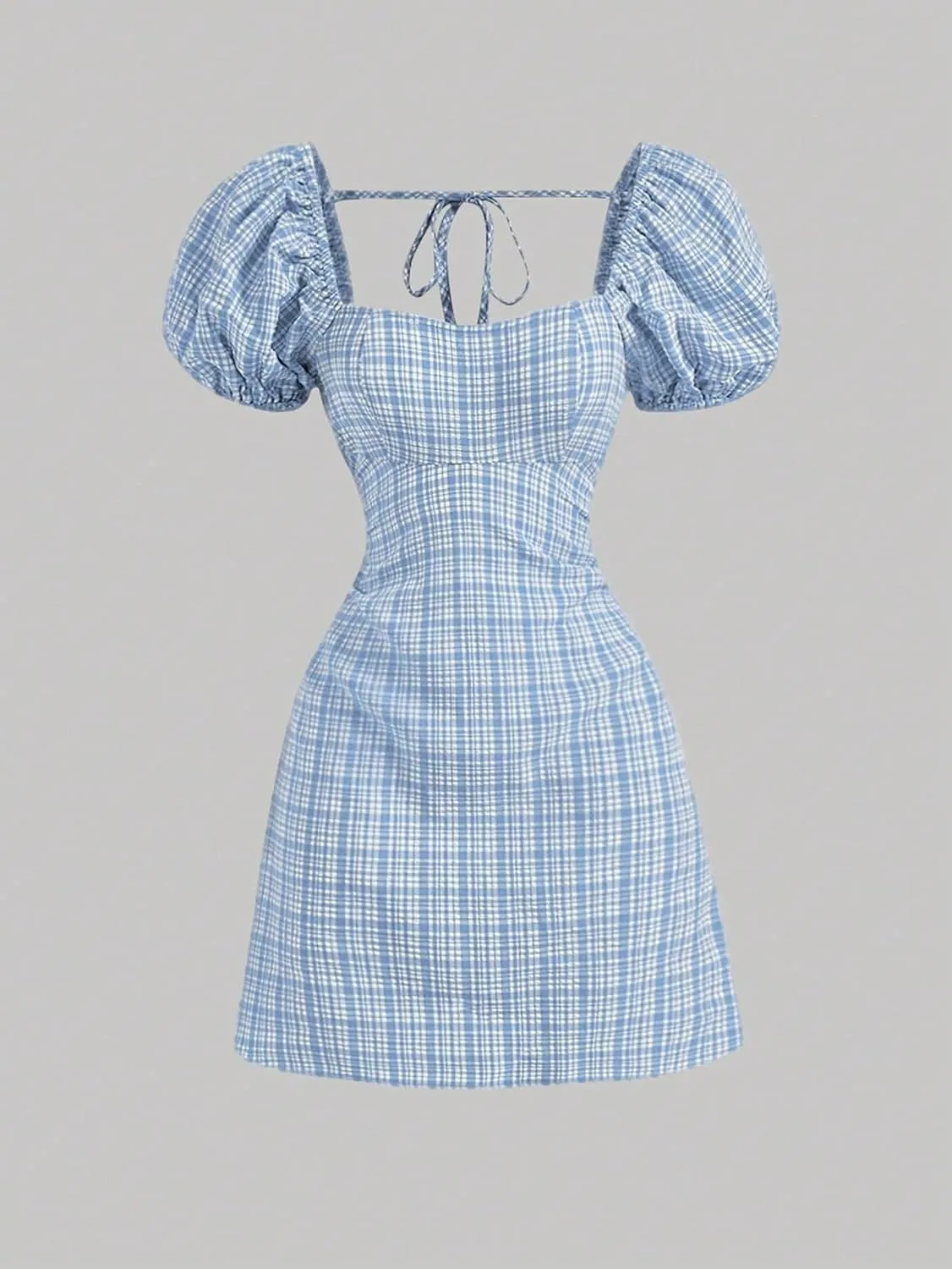 Женское повседневное платье A-силуэта с пышными рукавами, клетка, Blue and White — фото 2