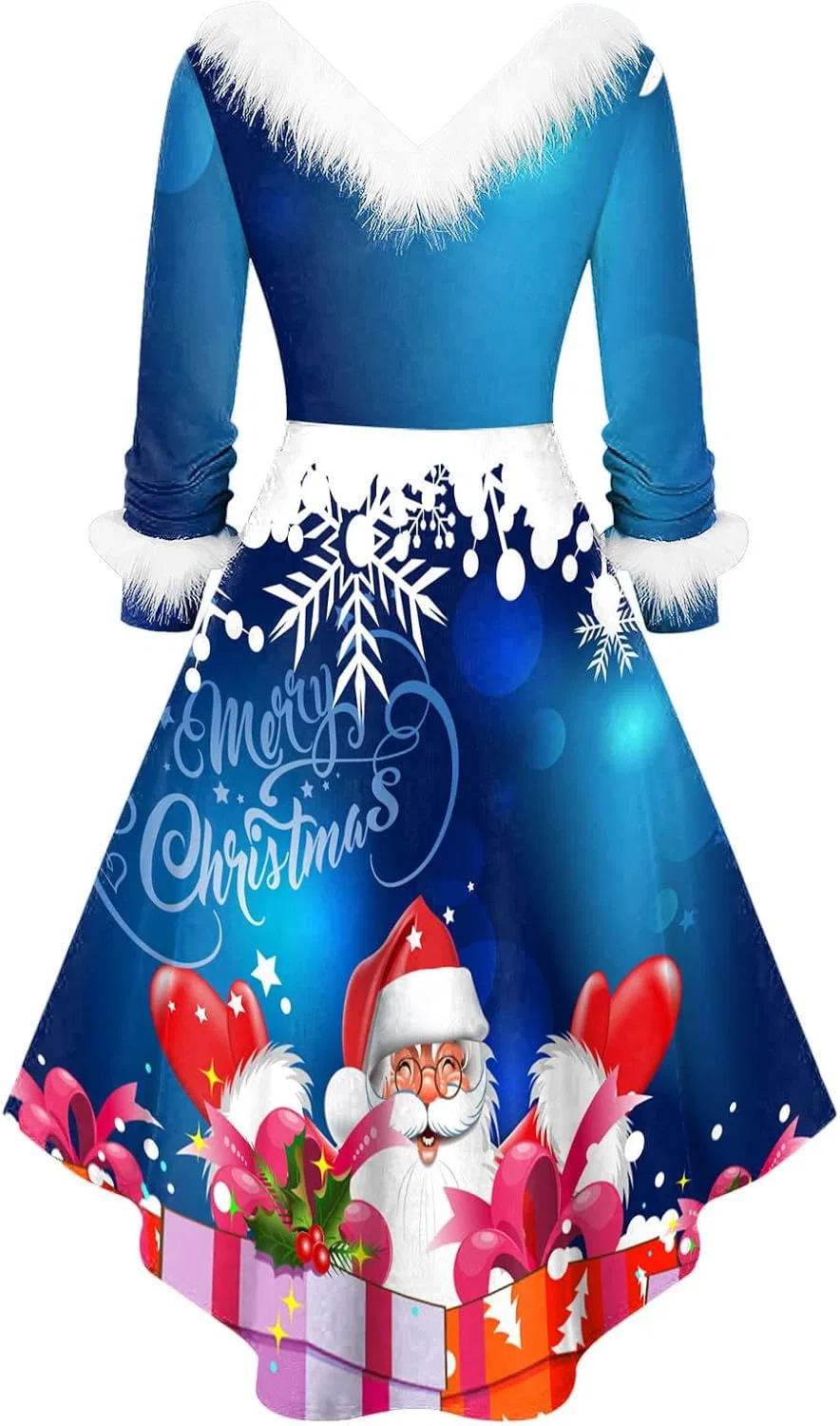 Женское платье с V-образным вырезом с длинным рукавом, Christmas Print, 5-Blue — фото 3