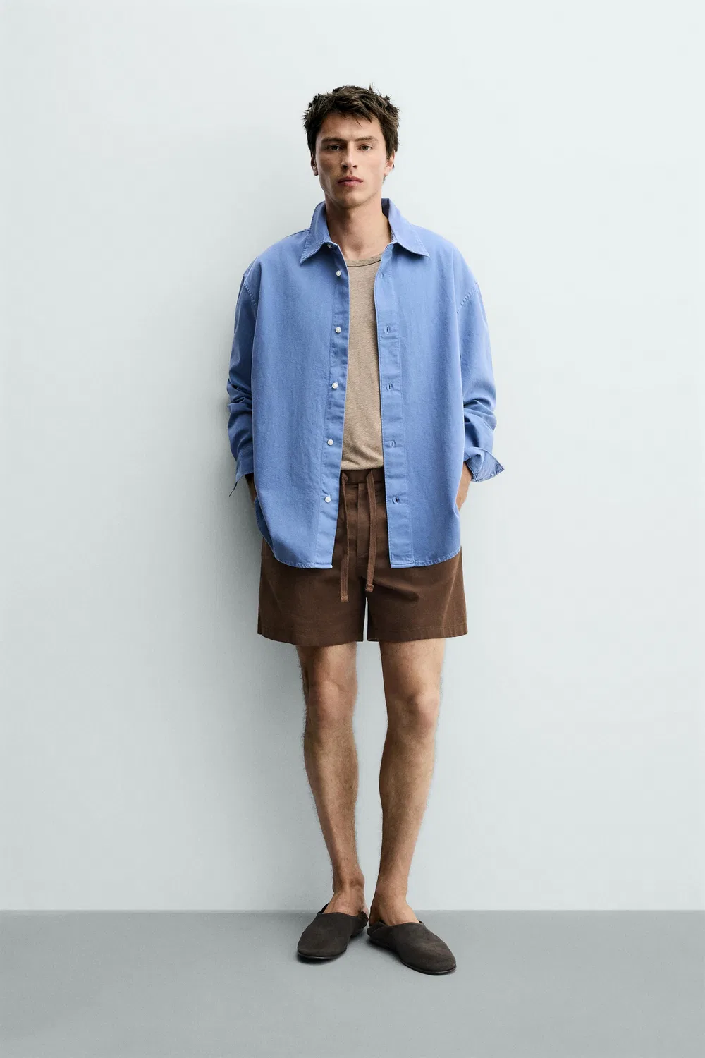 Хлопковые/льняные шорты-бермуды свободного кроя ZARA, Brown