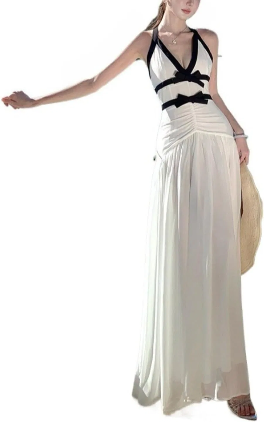 Женское вечернее платье с цветовыми блоками, Backless Halter Neck Beach Gown, White