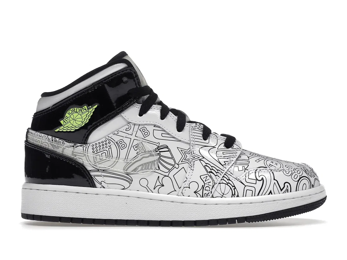 Детские кроссовки с принтом Jordan 1 Mid SE DIY Jordan, White/White-Black-Volt