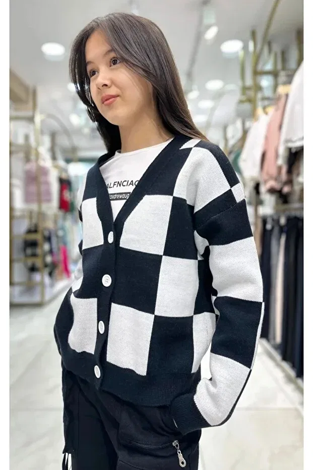 Детский кардиган вязаный Checkerboard patterned knitwear cardigan Minimoda Kids, Dark Navy Blue — фото 2