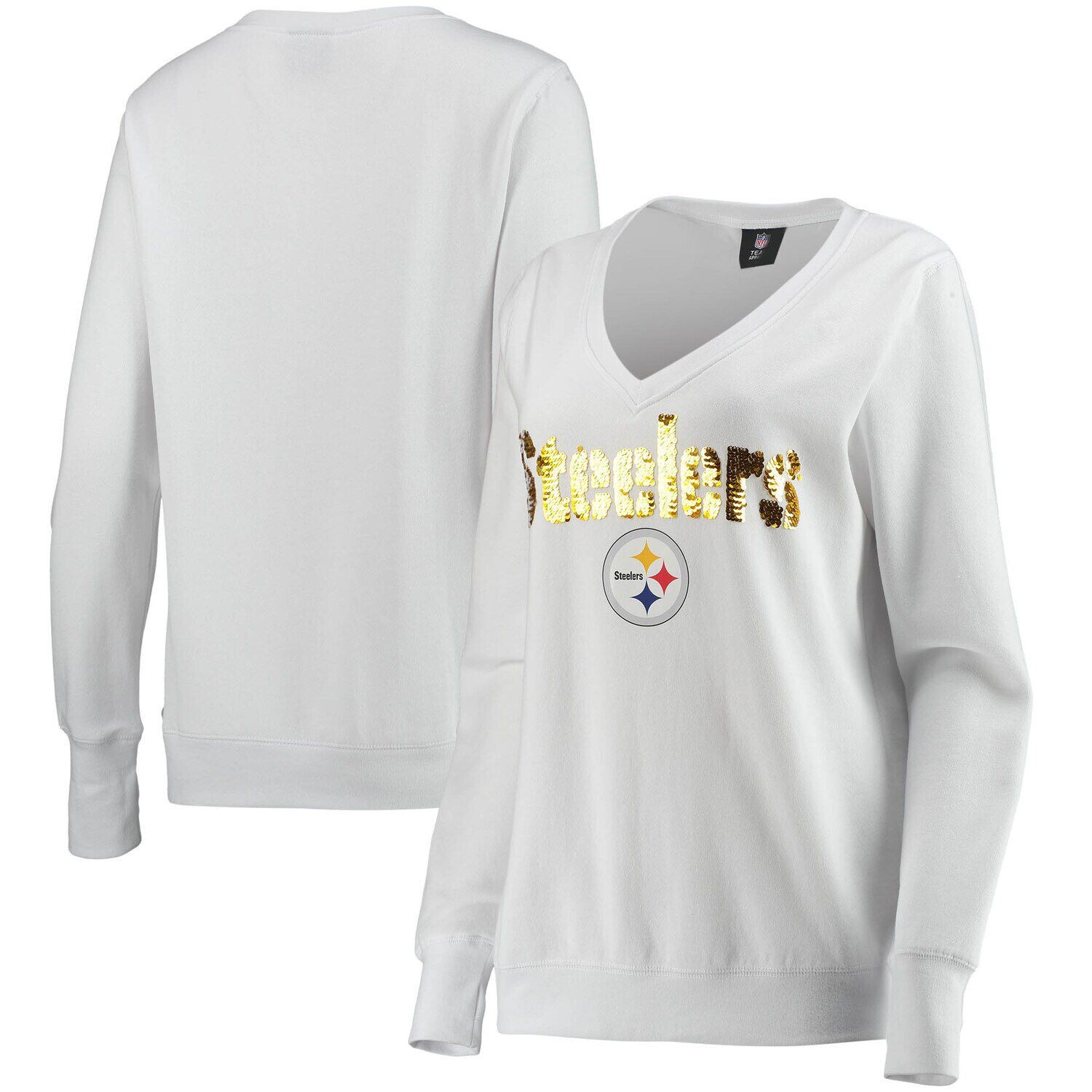

Белый женский пуловер с v-образным вырезом Cuce Pittsburgh Steelers Victory