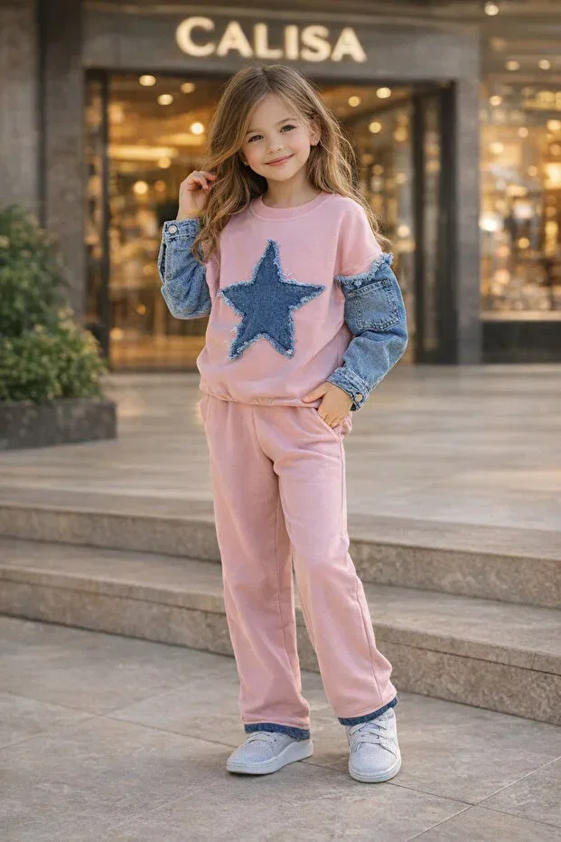 Детский комплект для девочек из свитшота и брюк с принтом Denim Star Detailed Black Set Calisa, Pink — фото 4