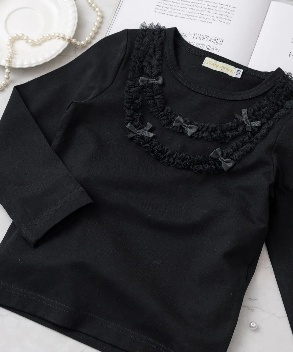 Детский топ с длинным рукавом из тюля с лентами, модель Jewelry, panpantutu, Black