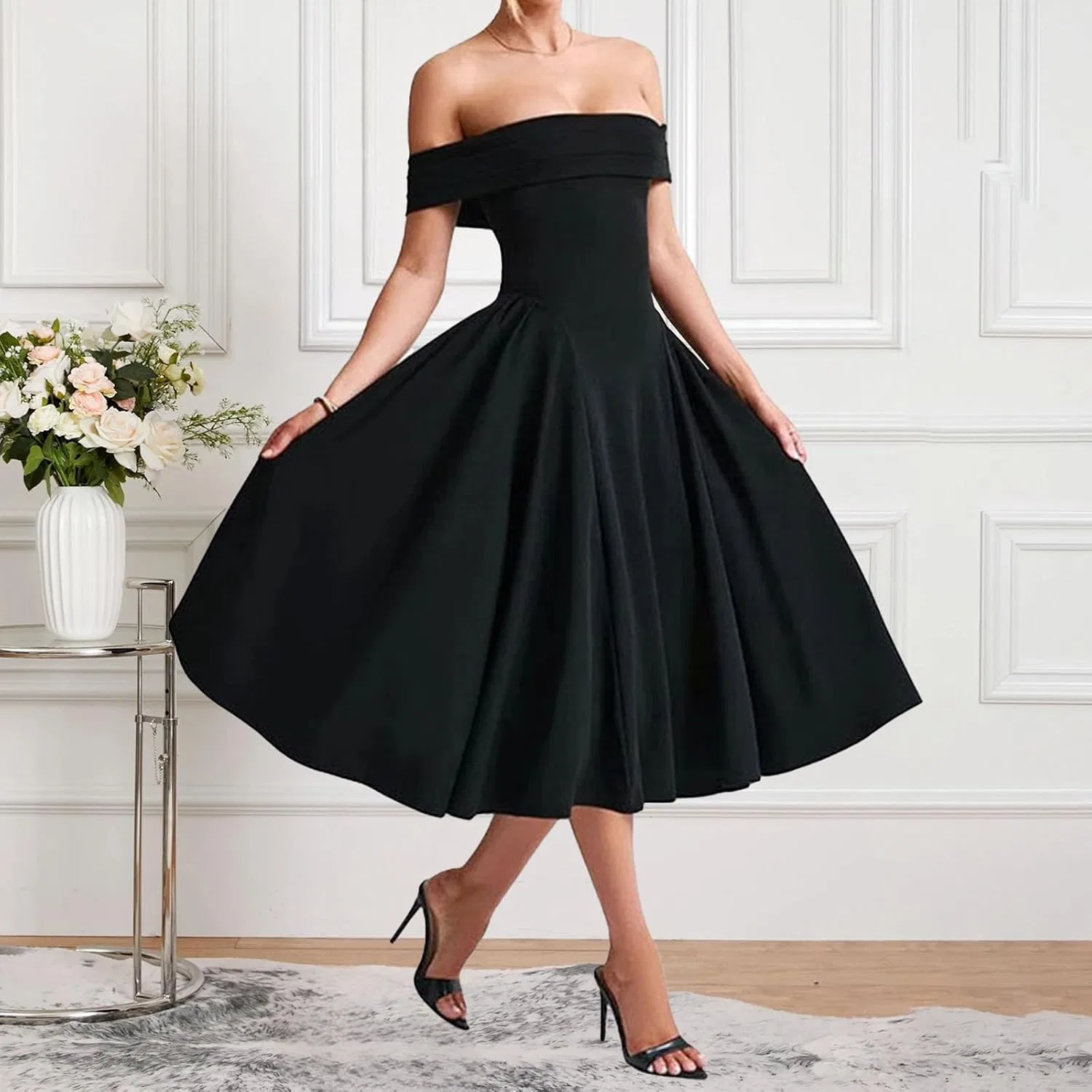Женское элегантное платье с открытыми плечами A-силуэта, Black — фото 2