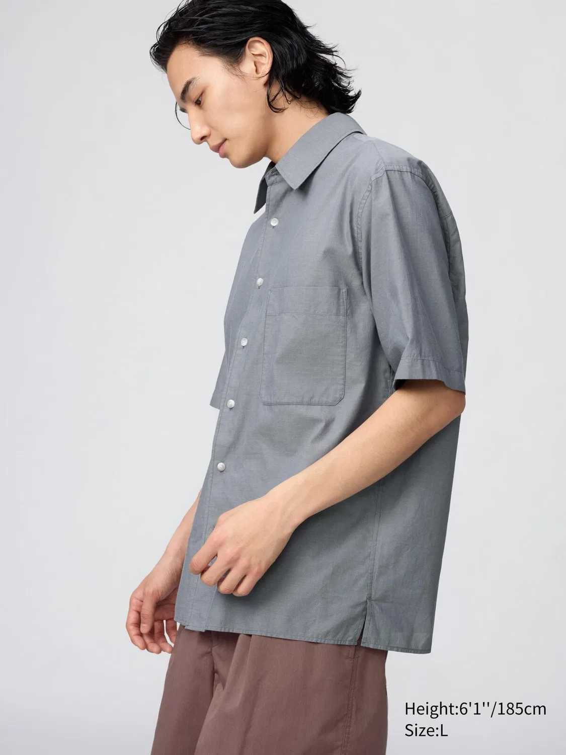 Рубашка Uniqlo, свободный крой, короткий рукав, серый — фото 3